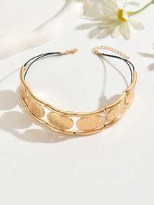 1pc Women's Fashion Unique Exaggerated Metal Texture Geometric Ellipse Hammered Pattern Metal Cylinder Splice Choker Necklace