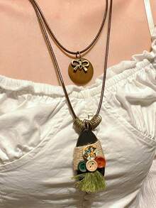 1pc New Chinese Style Zen Retro Star Feather Bowknot Multi-Pendant Long Necklace For Women, Fashionable National Style Elegant Delicate Accessory Suitable For Daily, Vacation, Holiday Wear - Ancient Bronze - View 11