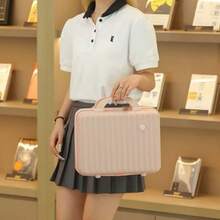 14 Inch Portable Suitcase, Cosmetics Storage Hard Shell Suitcase, Mini Small Convenient Travel Suitcase. There Is An Elastic Band On The Back That Can Be Worn Over The Luggage Handle. There Are Three Colors To Choose From: Black, White, And Pink. The Size Is 30cm * 16cm * 23cm