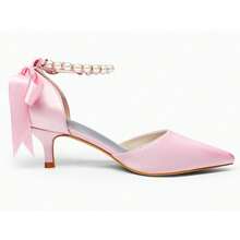 Women's Pearl Ankle Strap High Heels, Low Heel Kitten Heel Satin Back Lace-Up High Heels, Pointed Toe Wedding Party Dress Shoes - 粉色 - 查看 2