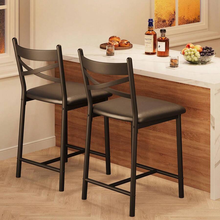 Meiyiu Bar Stools Set Of, Faux Leather Bar Chair With Back, Thick Cushion, Upholstered Counter Height Bar Stools With Footrest For Kitchen Island, Counter Bar - đen-2 chiếc - Xem 1