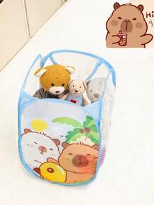 1pc Foldable Cartoon Animal Pattern Mesh Storage Basket With Handle, Suitable For Indoor/Outdoor Snacks, Toys, Clothes Storage, Baby & Kids