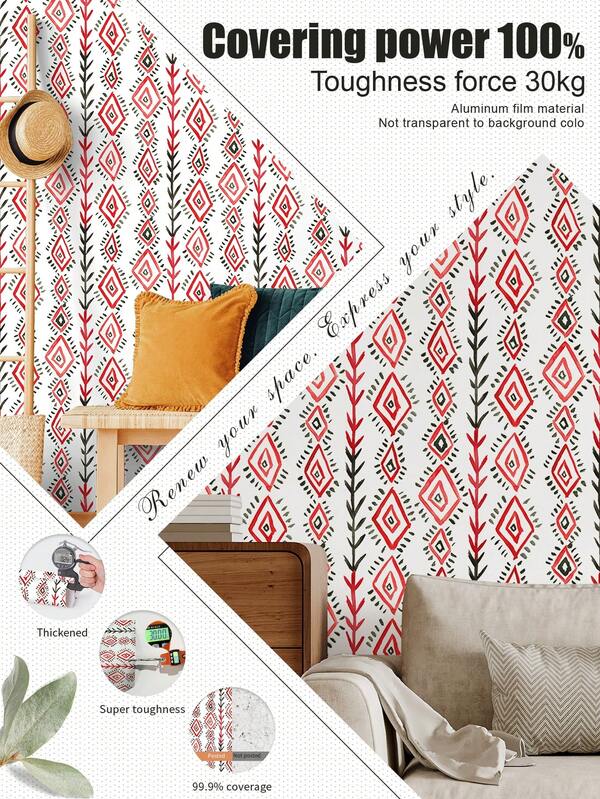 1 Rollo de 1m/3m/5m Papel tapiz de estilo de arte geométrico de diamante vintage blanco y rojo, adecuado para renovación del hogar, decoración de habitaciones, reacondicionamiento de gabinetes, decoración de baños, paredes de vinilo, papel tapiz de papel de aluminio, con fondo no transparente, que cubre manchas y defectos, flexible y no se rompe fácilmente, fácil de limpiar, papel tapiz autoadhesivo, papel de pared, pegatina de pared, decoración de pared