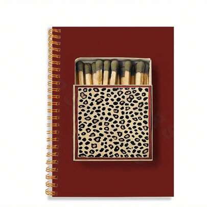 1 szt. Czerwony spiralny notes z nadrukiem w panterkę i wzorem pudełka zapałek – 14,2 x 21 cm, 50 kartek – idealny do pracy, nauki i na prezent – modne artykuły biurowe i szkolne, uroczy notes