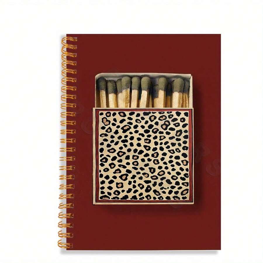 1 szt. Czerwony spiralny notes z nadrukiem w panterkę i wzorem pudełka zapałek – 14,2 x 21 cm, 50 kartek – idealny do pracy, nauki i na prezent – modne artykuły biurowe i szkolne, uroczy notes