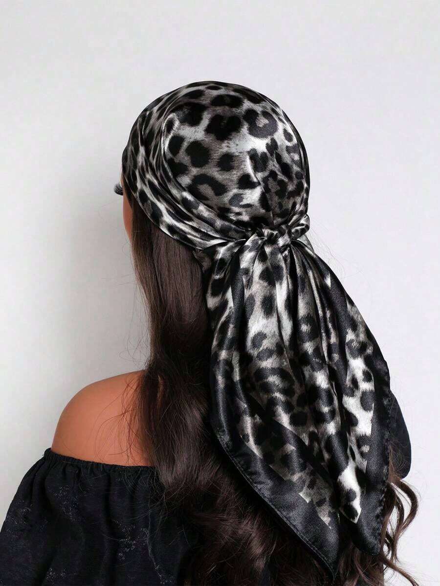 1pc 90cm Women's Satin Square Scarf, Elegant Fashionable Leopard Print Pattern, Suitable For Casual And Street Outfits As Scarf, Hair Accessory, Headband - 橘子咖啡色 - 查看 1