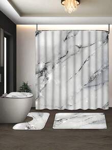1/3/4pcs Marble Pattern Shower Curtain Set, Bathroom Window Curtain Shower Set, Bathroom Set With 12 Hooks, Waterproof Knitted Fabric, Wipe Clean, Includes Bathroom Accessories, U-Shaped Toilet Mat, Cover And Rug - Modern Bathroom Decor, Home Decor, Daily Necessities