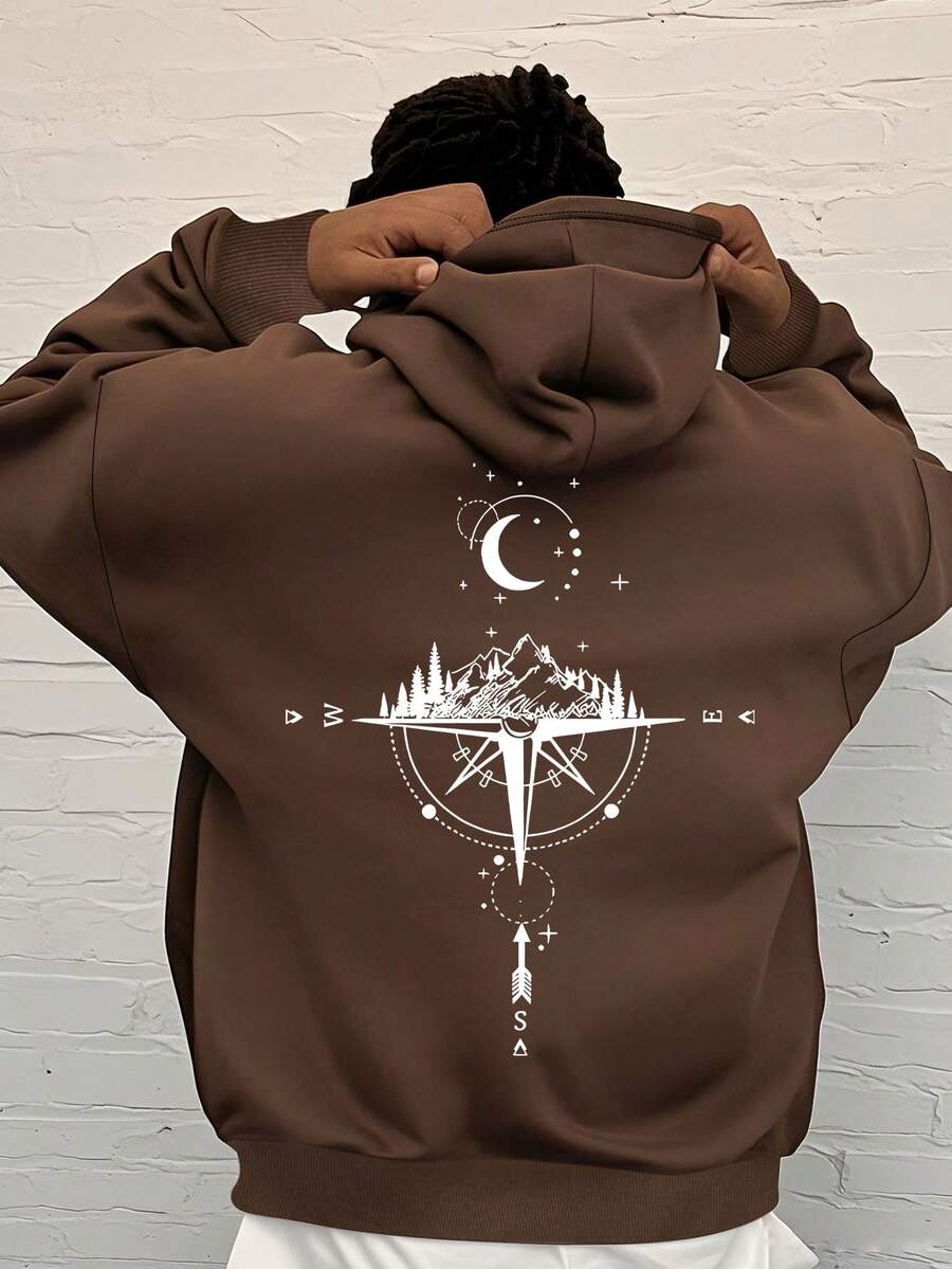 Teens Boys' Casual Sweatshirt With Letter & Compass Pattern, Suitable For Spring & Autumn, Suitable For Students' Daily Wear, Parties, School, Music Festivals, Vacations, Commuting - Brown - View 1