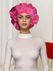 1PC Bowknot Lace Up Satin Bonnet Solid Color Elastic Sleeping Night Cap Lightweight Bath Cap Hair Bonnets For Women Girls Black Hair Sleep Cap,Summer,Beach,Hat - Pink NPSM49 - View 6