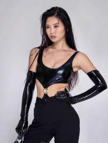 1 Paar verlängerte Lacklederhandschuhe, enge beschichtete Handschuhe für Ballsaal, Bühne, Partyauftritte - Schwarz - Übersicht 4