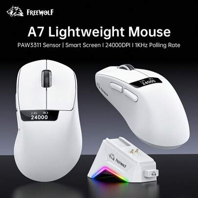 Ratón inalámbrico para juegos de 1000Hz con pantalla, FREEWOLF A7 PAW3311 24000DPI RGB con base de carga magnética, ratón para juegos para PC y portátiles