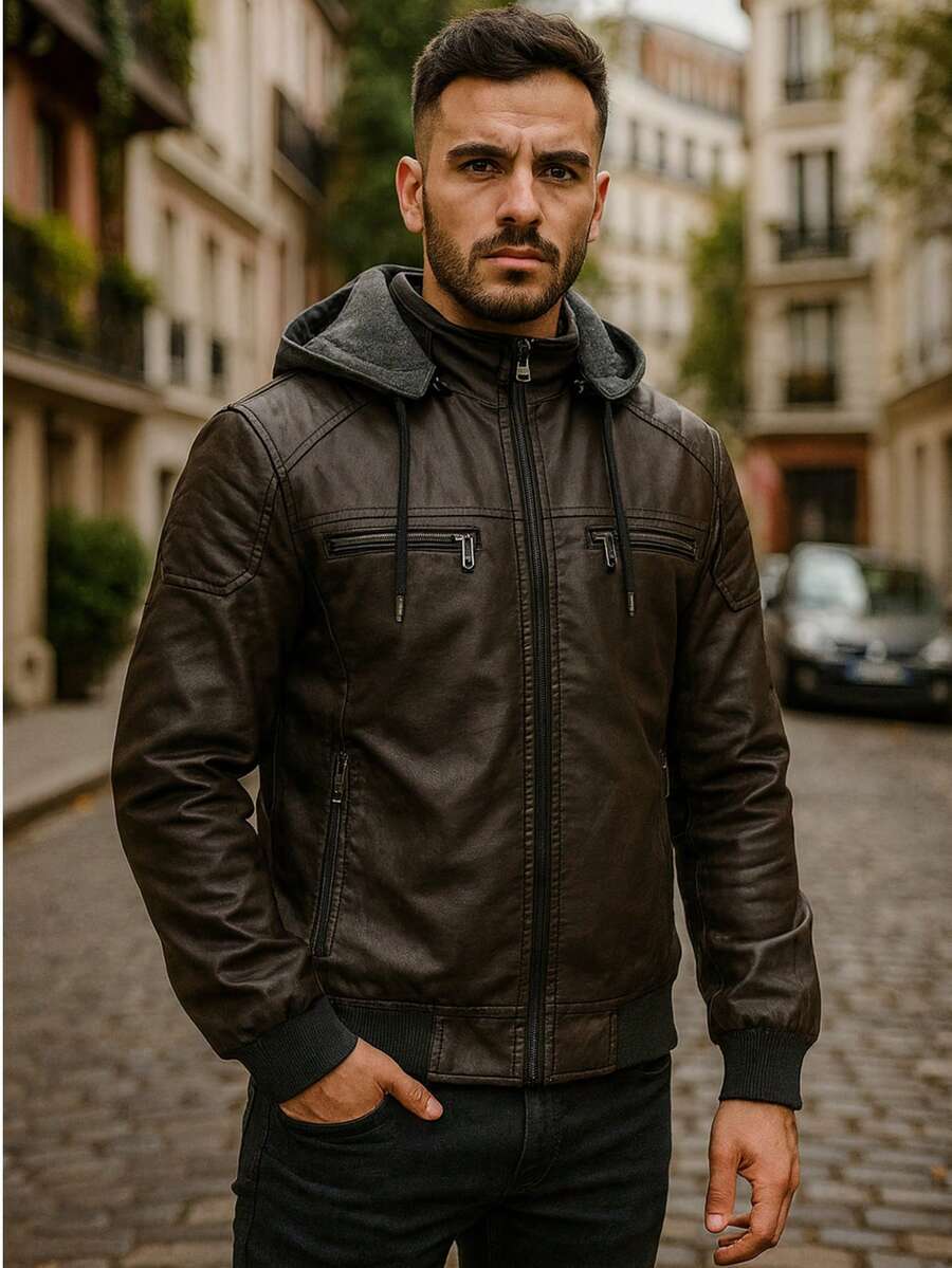 Leather Jacket All Winter Regular Fit - Coffee Brown - View 1