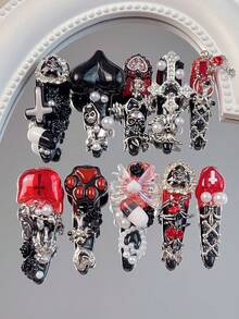 10片哥特风长尖头美甲贴纸，厚实耐用，高端酷炫美甲，Y2K甜美时尚美甲贴，包含十字架、爱心、药丸、金属骷髅、蝴蝶结、玫瑰、可爱猫爪、蜘蛛、皇冠等元素，朋克风亚克力美甲贴纸，黑红配色，哥特风，万圣节美甲，可爱美甲 - 彩色 - 查看 13