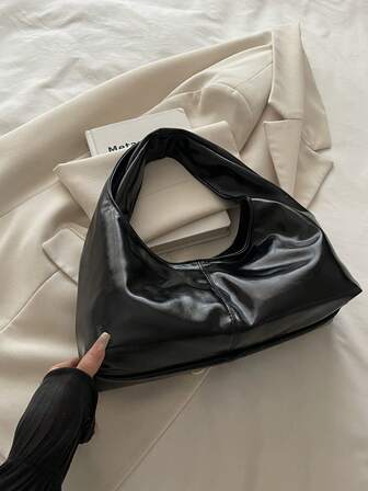 1pc Quilted Snap Closure PU Solid Color Vintage Soft Leather Dumpling Shoulder Bag, Fashion Patchwork Underarm Bag, Crescent Moon Shape Oil Wax Leather Large Capacity Commuter Casual Tote Handbag, Suitable For Office, Business, Dating, Shopping, Traveling, Gift For Girlfriend, Bestie, Women Daily Use