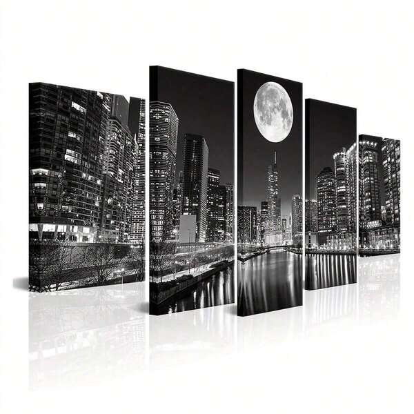 Set Of 5pcs Chicago Skyline Canvas Wall Art Panels, Modern Black And White Cityscape Prints With Moon Night Scene, Ready To Hang Framed Artwork, Home Decor, Room Decor, Wall Decor, Living Room Decor, Bedroom Decor, Office Decor, Room Decoration Stuff, Posters, Aesthetic Urban City Wall Painting Gift For Friends, Birthday Graduation