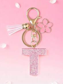1pc DIY Pink 26 English Alphabet Keychain, Resin Glitter Flower Tassel Key Chain For Women Christmas Gift