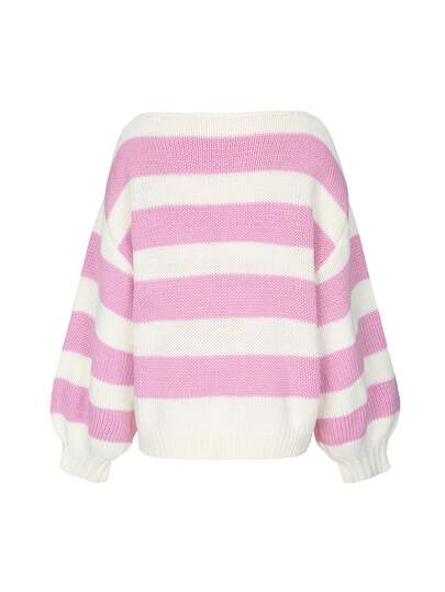 Jersey de punto para mujer de otoño/invierno - Parte superior a juego con todo - Informal y versátil - Suéter de cuello redondo de punto con hombros descubiertos y rayas de bloques de color - Atuendos de oficina para mujer - Tops para salir - Fiesta - Año Nuevo