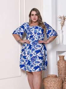 Women's Plus Size Printed Short Midi Dress - Azul EST - Ver 2