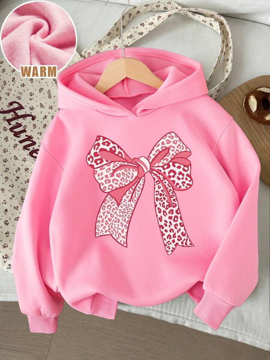 Young Girl Leopard Print Bow Hooded Sweatshirt, Warm For Autumn - Pink - View 1