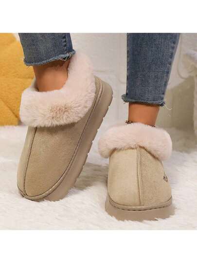 1 Pair Solid Color Fabric Fringe Trim Fuzzy Lining Women Indoor Slippers, Suitable For Home Wear All Year Round