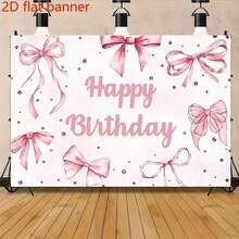 Banner phẳng 2D, Nơ hồng, Phông nền Chúc mừng sinh nhật, Phông nền chụp ảnh tiệc sinh nhật, Phụ kiện trang trí tiệc độc thân dễ thương, Banner trang trí nhà cửa - Hồng - Xem 4