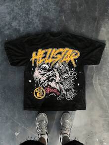 Yellow Graphic Tee With Monster Print,Comfortable Casual Short Sleeve, 220 Grams Heavyweight Cotton Printed T-Shirt,Halloween - 黑色 - 查看 1