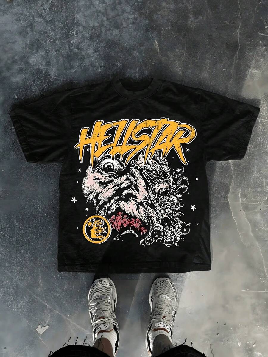 Yellow Graphic Tee With Monster Print,Comfortable Casual Short Sleeve, 220 Grams Heavyweight Cotton Printed T-Shirt,Halloween - 黑色 - 查看 1