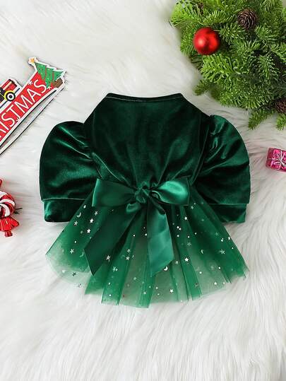 Fashionable Solid Color Velvet Fabric With Puff Sleeves, Plus Star Net Fabric Dog Dress For Christmas And New Year