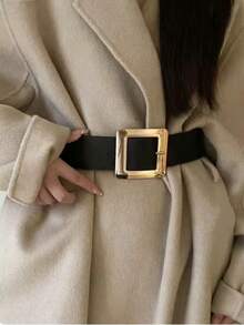 1pc Women's Black PU Leather High-Quality Metal Buckle Personalized Wide Waist Belt