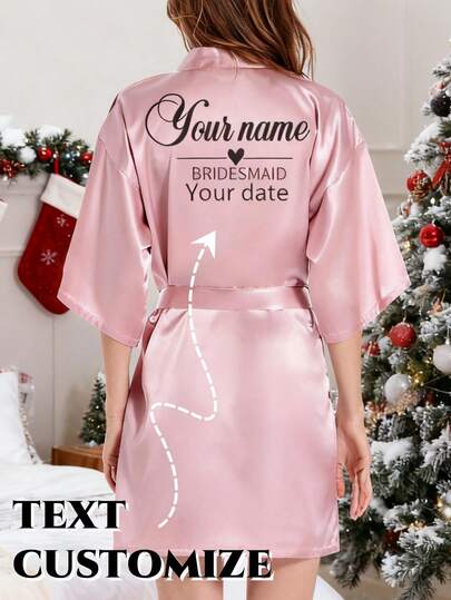 Bata larga personalizable para mujer, manga 3/4, bata de baño ligera negra, camisón corto sexy, estilo kimono casual, elegante y suave, brillante y lindo, pijama impreso delgado, adecuado para el Día de San Valentín, Halloween, regalo de aniversario, otoño/invierno