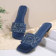 Sandalias planas de mujer con punta cuadrada y diseño estampado, estilo casual de vacaciones para uso en exteriores - Azul - Ver 8