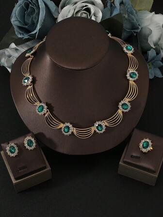 4PCS/Set New 18K Gold Electroplated Golden Emerald Necklace + Earrings + Ring Jewelry Set Not Fade, Shiny Luxury ,Suitable For Daily Wear As A Gift For Wives And Sisters
