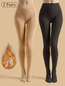 1/2pcs Women Opaque Thermal Lined Elastic Tight Tights, Fashionable Thick Stirrup Tights For Autumn/Winter, Cozy - Multicolor - View 10