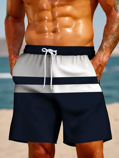 Pantalones cortos de verano para hombre de talla grande con estampado, cintura con cordón, bolsillo en diagonal, secado rápido, de una sola capa y sin forro, con estampado artístico 3D de color contrastante, moda casual, bermudas de playa