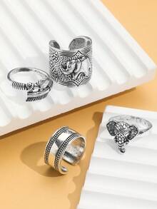 Set de 4 anillos de estilo punk exagerado y estilo hip hop, con diseños vintage tallados en 3D de elefante, pluma y flecha, para mujeres