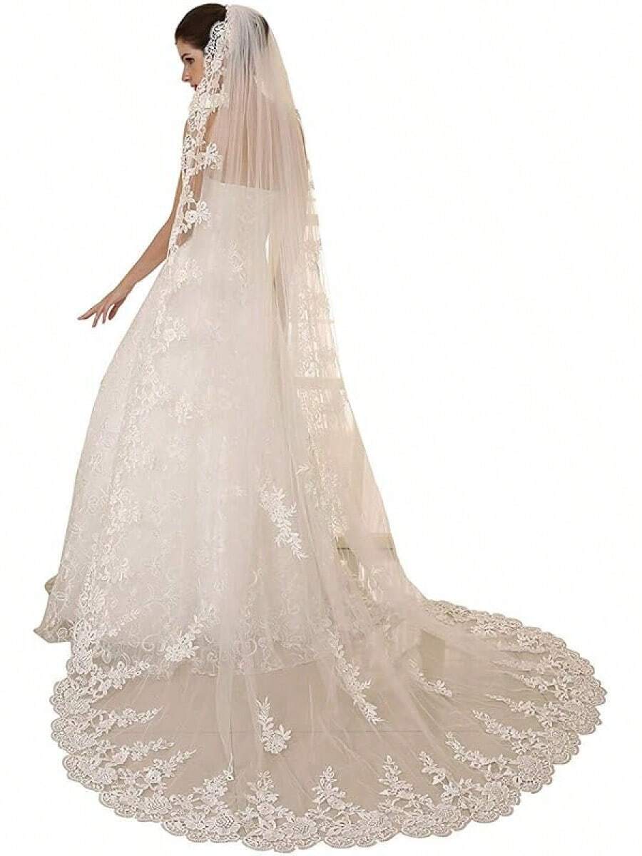Long Lace Wedding Veil 3M/4M/5M, 1 Tier White Ivory Bridal Veil With Comb, Elegant Train Veil For Bride - Ngà voi - Xem 1