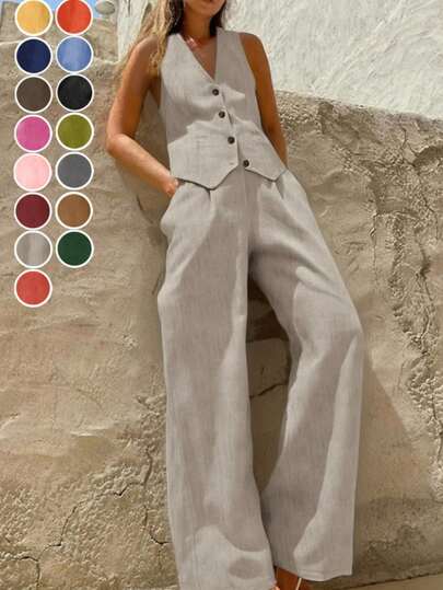 Set de 2 piezas de camiseta sin mangas de escote en V profundo con botones y pantalones de pierna ancha de cintura alta con bolsillos - Conjunto casual de verano, graduación, vacaciones, en color lino - Conjunto de primavera y verano casual de 2 piezas, atuendo de vacaciones, ropa de mujer, Dinero viejo, Traje de San Patricio, Día de San Patricio, Pascua para mujer