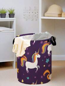 1pc Cartoon Pony Print Foldable Large Capacity Round Storage Basket With Handle, Multipurpose Storage Bin For Nursery, Baby Diaper, Clothes, Toys And Accessories Organization