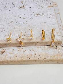 5Pcs/Set Earrings Set For Women Fashion Gold Plated Zirconia Stud Hoop Dangle Earrings Women Casual Glamorous Jewelry Accessories