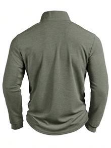 男士华夫格纹面料前拉链左袖真拉链口袋春秋季轻薄长袖立领街头户外休闲衬衫 - 軍綠色 - 查看 3