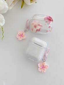 Lily Flower Earphone Case Cherry Blossom & Peach Flower Earphone Case Transparent Earphone Case With 1 Pink Flower Lanyard, Compatible With AirPods Pro (2nd Generation), 3, Pro, 1/2, 4