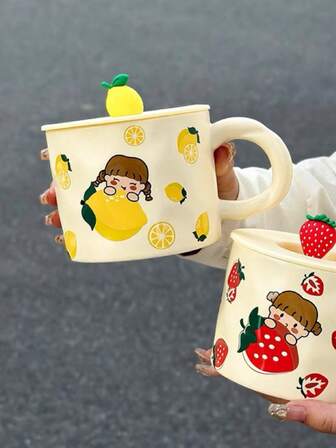 1pc Ceramic Fruit Girl Handpainted Mug, Cute & Aesthetic, Suitable For Office, Couples, Home, Breakfast, Creative Gift