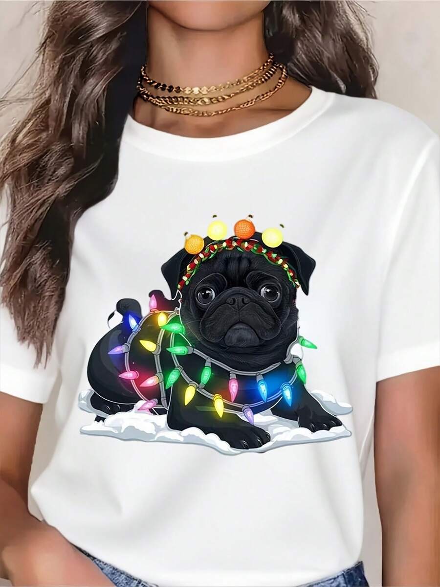 Christmas Pug Print Shirts, Crew Neck Casual Shirts For Fall & Spring, Women's Clothing - trắng - Xem 1