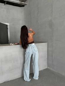 SQUALO Pistachio Green Leopard-Patterned High-Waisted Wide-Leg Pants | Bold And Stylish Design - Baby Blue - View 5