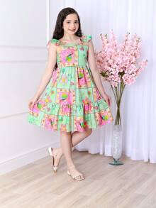 Short Printed Children's Tank Top Dress - 薄荷綠 - 查看 5