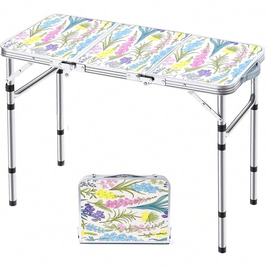 Mesa plegable portátil, pequeña mesa de camping de 2 pies con soportes de malla, aluminio ligero y altura ajustable - Flores florecientes. - Ver 1