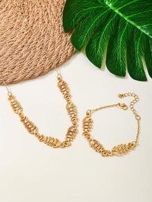 Set de 3 piezas de joyería vintage con marco de metal asimétrico, collar, aretes y anillo con perlas falsas para mujeres