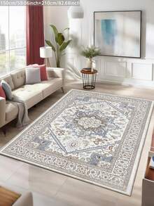 Boho Area Rug 5x7, Distressed Faux Wool Carpet Beige Washable Rugs Non Slip Welcome Mats Soft Blue Rug Floral Rugs For Living Room Entryway Kitchen Bathroom Dining Room Bedside Bedroom Office - Blue and White - View 11