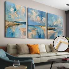 Set de 3 carteles enmarcados en lienzo, pintura al óleo de paisaje natural, arte de pared en lienzo, pintura artística para regalo, dormitorio, oficina, sala de estar, cafetería, bar, decoración de pared, hogar y decoración de dormitorio