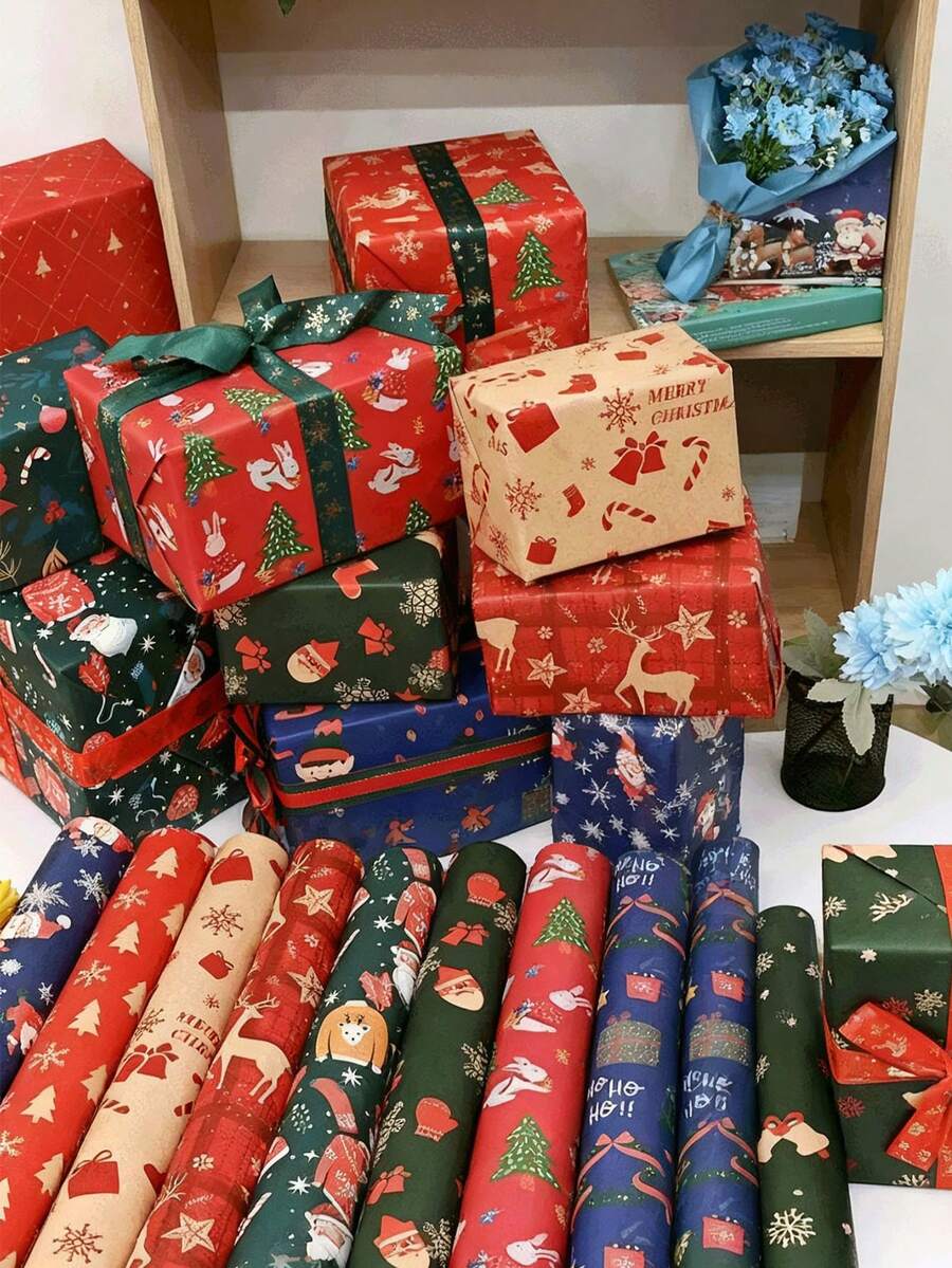 9 pièces/4 pièces Papier cadeau de Noël rétro et dessin animé réutilisable avec motifs d'arbres, de rennes et de flocons de neige. Couleurs vibrantes pour la décoration festive de la maison, l'emballage de cadeaux et les artisans saisonniers. Impressions de haute qualité